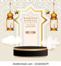 Super sale Ramadan Kareem banner with a blank podium, social media site with lantern and clouds 3d