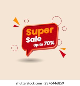 Diseño vectorial de caja de texto 3d rojo Super Sale con descuento de hasta el 70%.