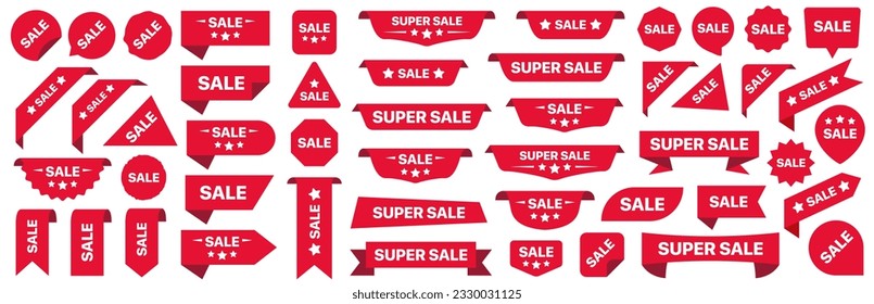 Super sale red label isolated on white background. Set of super sale badge ribbon. Sticker, tags, badge, ribbon for promotion