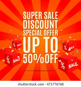 Super sale red poster with red boxes. Sale tag, sale image. Discount poster, special offer. Sale red banner. Sale background. Vector illustration, eps 10