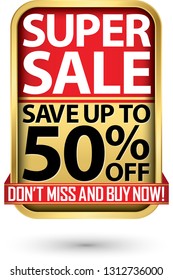 Super sale save up to 50% off golden label with red ribbon,vector illustration