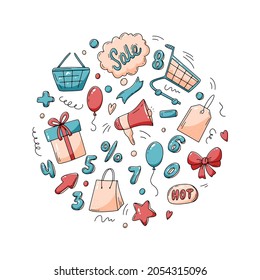 Super sale set of elements, Black Friday doodle icons. Vector illustration in a hand drawn style. Icons collection for shopping