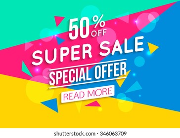 Super Sale shining banner on colorful background. Vector illustration.