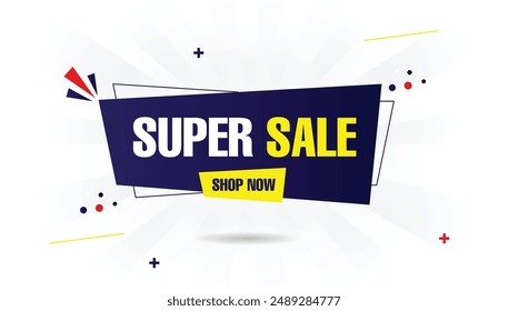 Super Sale Shop Now Banner Vorlage Design mit weißem Hintergrund, Blau, Gelb und Rot Formen perfekt für die Förderung von Befristete Sonderaktionen und Rabatten!