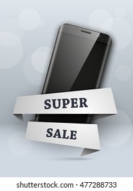 Super sale smartphone banner. Mobile Phone Discount coupon label banner. Vector illustration. Cyber Monday Sale banner. Sale discount offer
