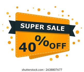 Super sale sparkle banner with 40 percent off text. Bright orange label design with percentage discount. Vector illustration for shopping, promotion and marketing