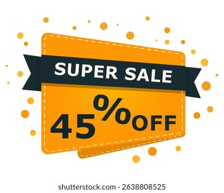 Super sale sparkle banner with 45 percent off text. Bright orange label design with percentage discount. Vector illustration for shopping, promotion and marketing
