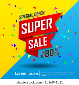 super sale special up to 80% off. big sale. end of season special offer banner. sale banner template design colorful two tone background. vector illustration typography banner design concept