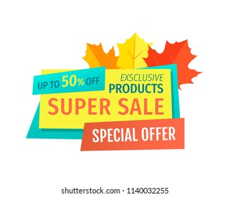 Super sale with special autumnal offer emblem. Discount logo, fall maple leaves, half price off announcement cartoon vector illustration isolated.