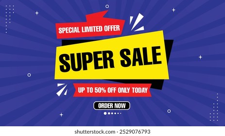 Super Sale Special Limited Offer Up to 50% Off Only Today Grab Eye-Catching Sale Banner Templates with Bold Element Shapes in Red Black, White, Yellow, Purple Gradient Perfect for Your Sale Background