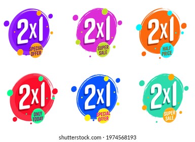 Super sale special offer with 2x1 today discount label set. Promotion marketing campaign for digital social media, online shop or marketplace. Badge vector illustration isolated on white background