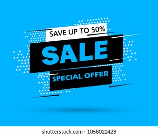 Super Sale and special offer. 50% off. Vector illustration. Trendy neon geometric figures wallpaper in a modern material design style. Coloured banner