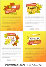 Super sale special offer up to 50 percent off promo online posters set. Foliage and info about discounts. exclusive products on autumn sale advert tags