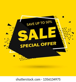 Super Sale and special offer. 50 off. Vector illustration. Trendy neon geometric figures wallpaper in a modern material design style. Coloured banner