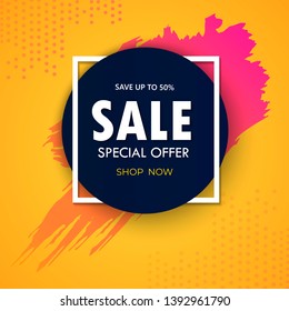 Super Sale and special offer. 50 off. Vector illustration. Trendy neon geometric figures wallpaper in a modern material design style. Coloured banner