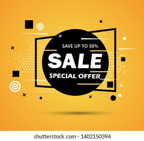 Super Sale and special offer. 50 off. Vector illustration. Trendy neon geometric figures wallpaper in a modern material design style. Coloured banner