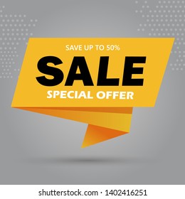 Super Sale and special offer. 50 off. Vector illustration. Trendy neon geometric figures wallpaper in a modern material design style. Coloured banner