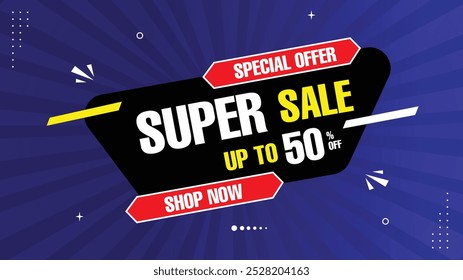 Super Sale Special Offer Up to 50% Off Shop Now with Banner Elements, Shapes Templates in Yellow, Red, Black, White, Purple Gradient. Eye-Catching Sale Backgrounds for Stunning Designs Limited offer