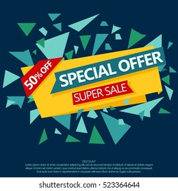 Super Sale special offer, 50 off paper banner. Web flyer concept. Special-sale price label. Discount tag vector sticker
