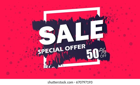 Super Sale and special offer. 50% off. Vector illustration. Coloured banner