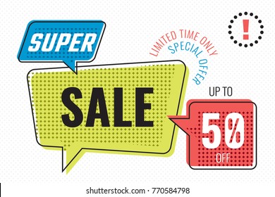 Super Sale Special Offer 50 % Discount in Trendy Raster Speech Bubbles Shopping Creative Concept -  Blue Red and Yellow Elements on White Dots Wallpaper Background - Vector Flat Graphic Design