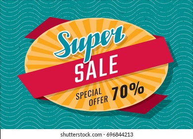 Super Sale Special Offer 70% Calligraphic Logo Lettering Shopping Creative Concept with Rays Oval and Wrapping Ribbon - Red and Yellow on Turquoise Grunge Wavy Background - Vector Flat Graphic Design