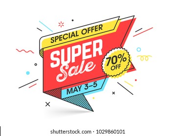Super sale, special offer banner template in flat trendy memphis geometric style, retro 80s - 90s paper style poster, placard, web banner designs, vector illustration