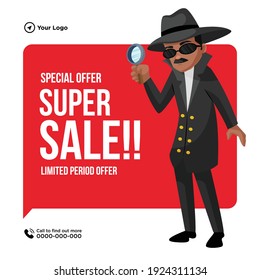 Super sale special offer banner design. Man is holding a magnifying glass. Vector graphic illustration.