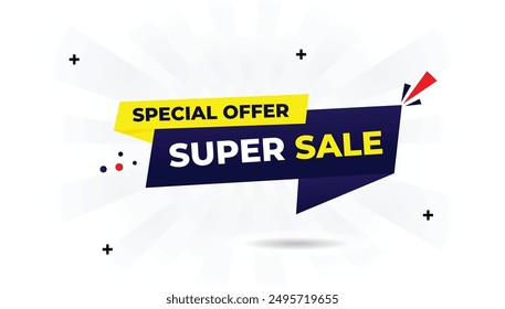 Super sale special offer banner with white background, dark blue gradient, and light yellow vector shapes for eye catching promotions and high converting designs discount, offer, price, super, special