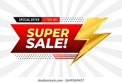 Super Sale Special Offer Banner. Red Ribbon Banner with Golden Lightning Bolt Sale Banner. Vector Illustration