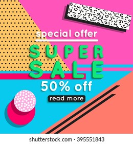 Super Sale and Special Offer Banner with frame over 1980s background. Vector eps 10 format.