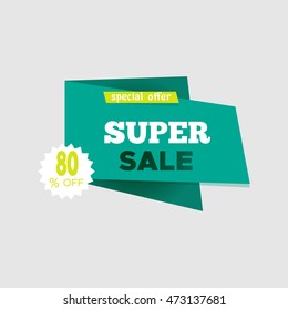 Super Sale special offer banner, up to 80% off. Vector illustration. Colorful total sale sign. Green label. Icon for special offer. Sale typography background. Sale design. Sticker with sale message