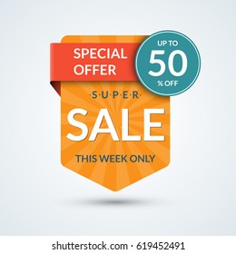 Super sale and special offer banner. Discount vector template. Up to 50 percent off badge or tag. Half price colorful sticker. Shopping background