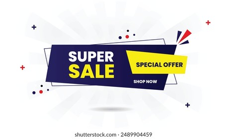 Super sale special offer shop now banner template design with white background, featuring blue and yellow shapes perfect for eye catching promotional graphics.