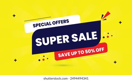 Super sale special offers banner template with up to 50% off, featuring a yellow background with dark blue, light yellow, and red shapes in vector art discount, vector, offer, banner, special, shop