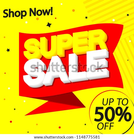 Super Sale, speech bubble banner design template, discount tag, up to 50% off, app icon, red ribbon, vector illustration