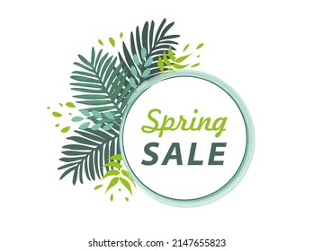 Super Sale
Spring Label On a background Of Tropical Leaves, vector illustration. Used for online store, printing, web, landing