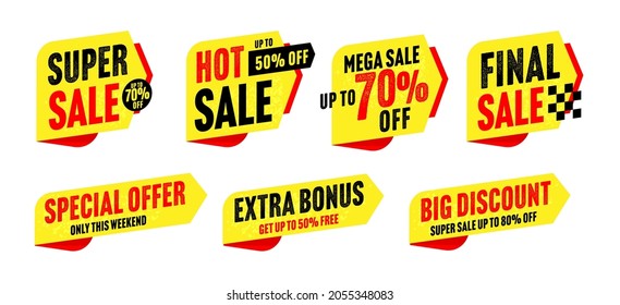 Super sale sticker, hot price tag, big discount badge set. Extra bonus and special offer with up to 50, 70 or 80 percent sale off only on weekend vector illustration isolated in white background