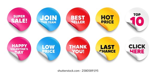 Super sale sticker tag. Top 10, Best seller, Hot price banners. Super Sale tag. Special offer price sign. Advertising Discounts symbol. Join our team sticker. Vector