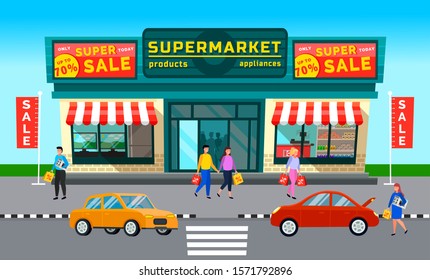 Super sale in supermarket, discounts on products and appliances. Grocery store and technical shop with TV set and fridge. People and cars on city street. Vector illustration shopping center building