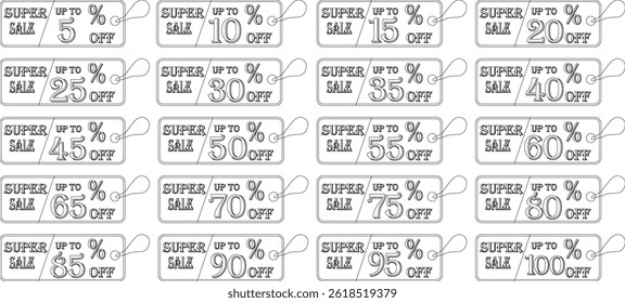 super sale tag line art icon set . sale sticker for advertising in a discounted store.badge template with sale percentage symbol, discount price tag.sale label collection suitable for promotion media.