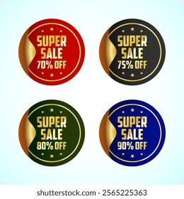 Super sale tag sticker set. Shopping discount label with 70, 75, 80, and 90 percent off, discount tag, sale symbol