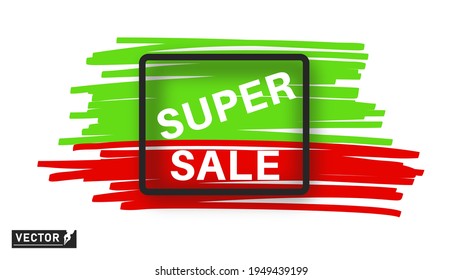 Super sale, text. Rectangular black frame with a shadow with a yellow highlighter. Vector banner, poster.