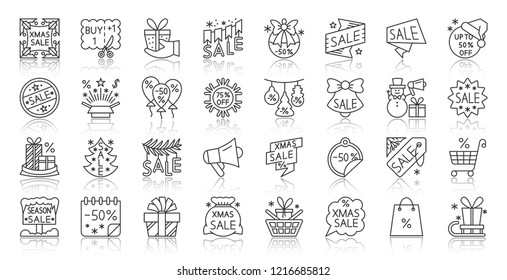 Super Sale thin line icon set. Outline sign kit of special offer. Discount Coupon linear icons of tag label, sticker deal, tag label. Simple half price clearance contour symbol. Vector Illustration