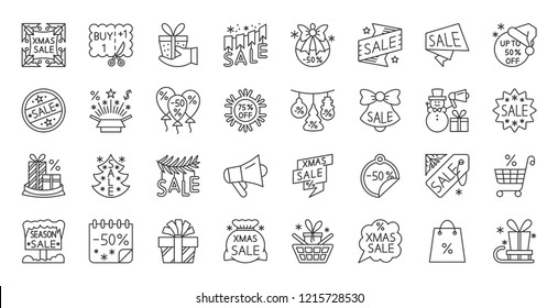 Super Sale thin line icons set. Outline special offer sign. Discount Coupon linear icon kit like tag label, half price, ad banner. Simple percent off black contour symbol isolated vector Illustration