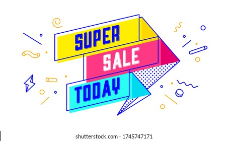 Superventa hoy. 3d banner de venta con texto Super Sale Hoy para emoción, motivación. Moderna plantilla web 3d colorida sobre fondo negro. Elementos de diseño a la venta, descuento. Ilustración vectorial