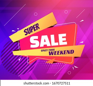 Super sale in trendy pop art style neon geometric background for landing page or web banners with text bubble design template. Vector eps10