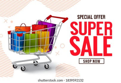 Super sale vector banner design. Special offer sale text with paper bags and push cart shopping elements in abstract background for marketing promo discount advertisement. Vector illustration.