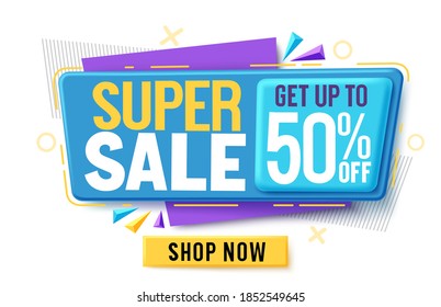 Super-Verkauf Vektorbanner-Design. 50 % Rabatt auf Verkaufstext in Tags mit Shop jetzt Symbol-Element und abstrakter Hintergrund für Werberabatte Werbung. Vektorgrafik.

