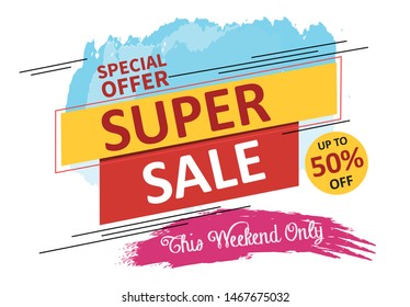 Super sale vector banner template with colorful paint effect. Promotional word art. Colorful tag. Sale tag vector. Special offer sale tag. Promotional sale price.